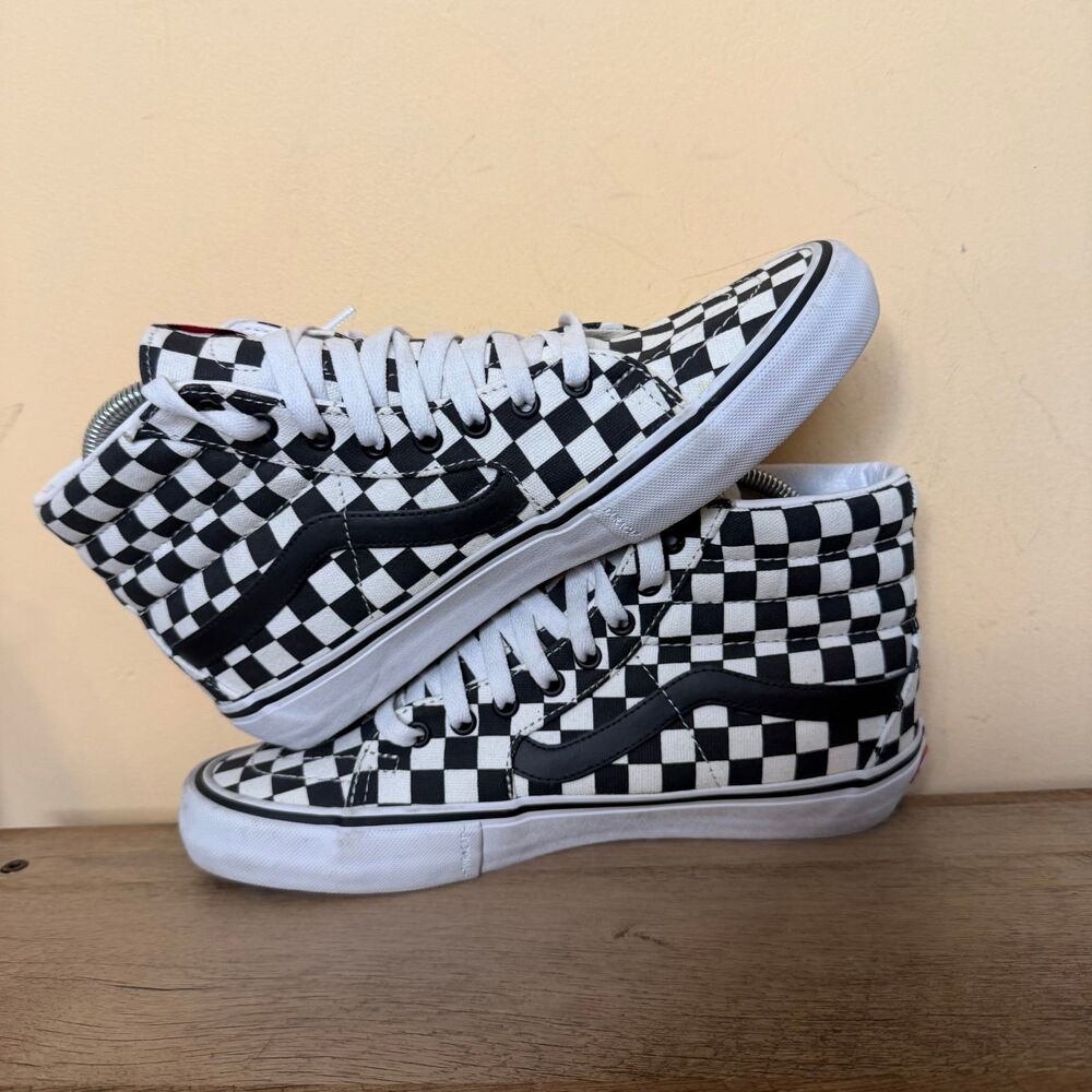 Vans CUSTOM  Sk8-Hi aCheckerboard sneakers black logo stripe men’s size 9 shoes - Picture 6 of 8